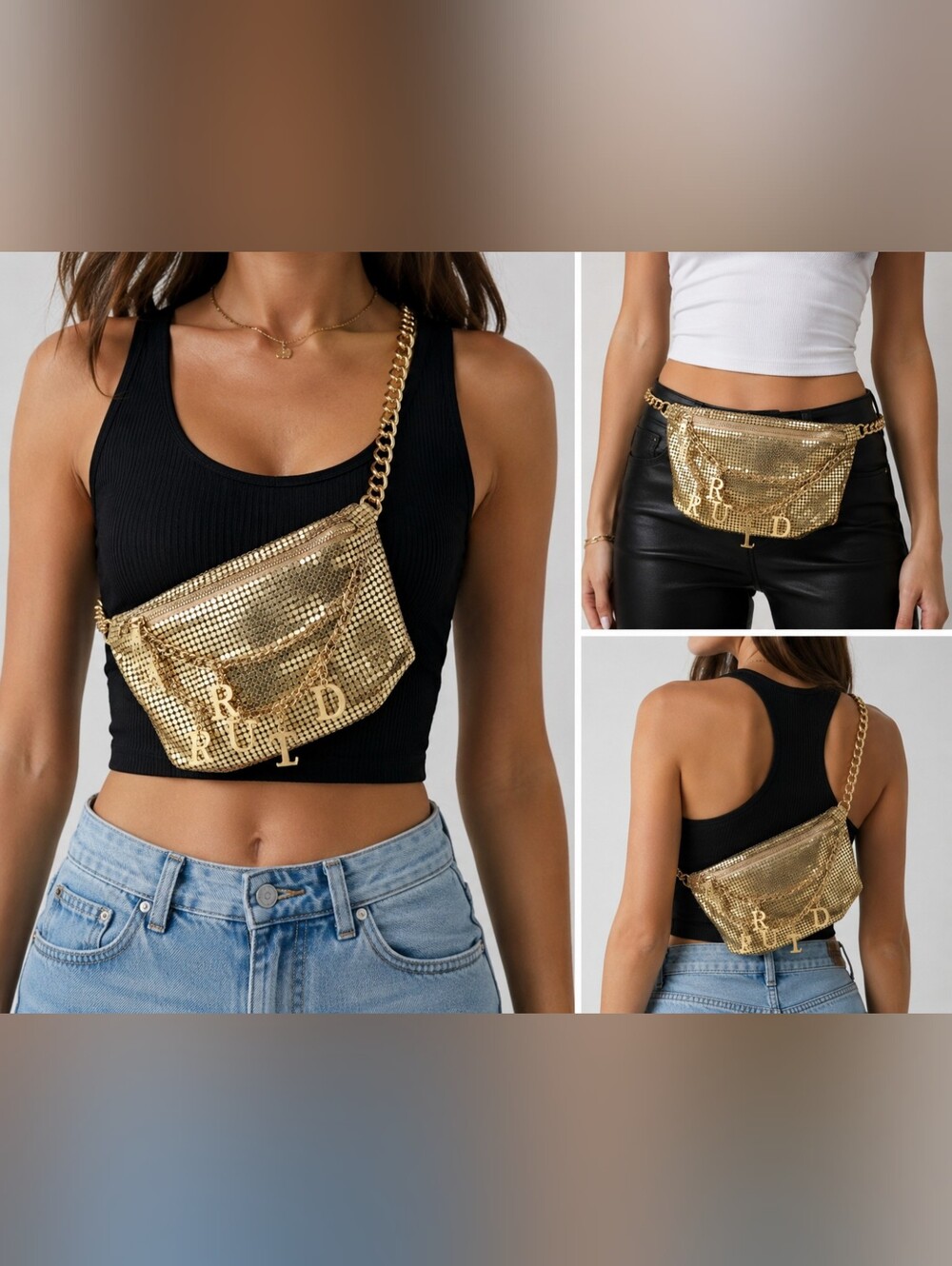 True Religion Gold Chain Mail Belt Bag Adjustable Logo Charms NIB Y2K Glam